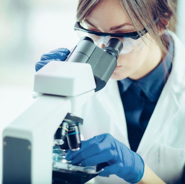 Eine Frau mit Schutzhandschuhen und Schutzbrille schaut durch ein Mikroskop